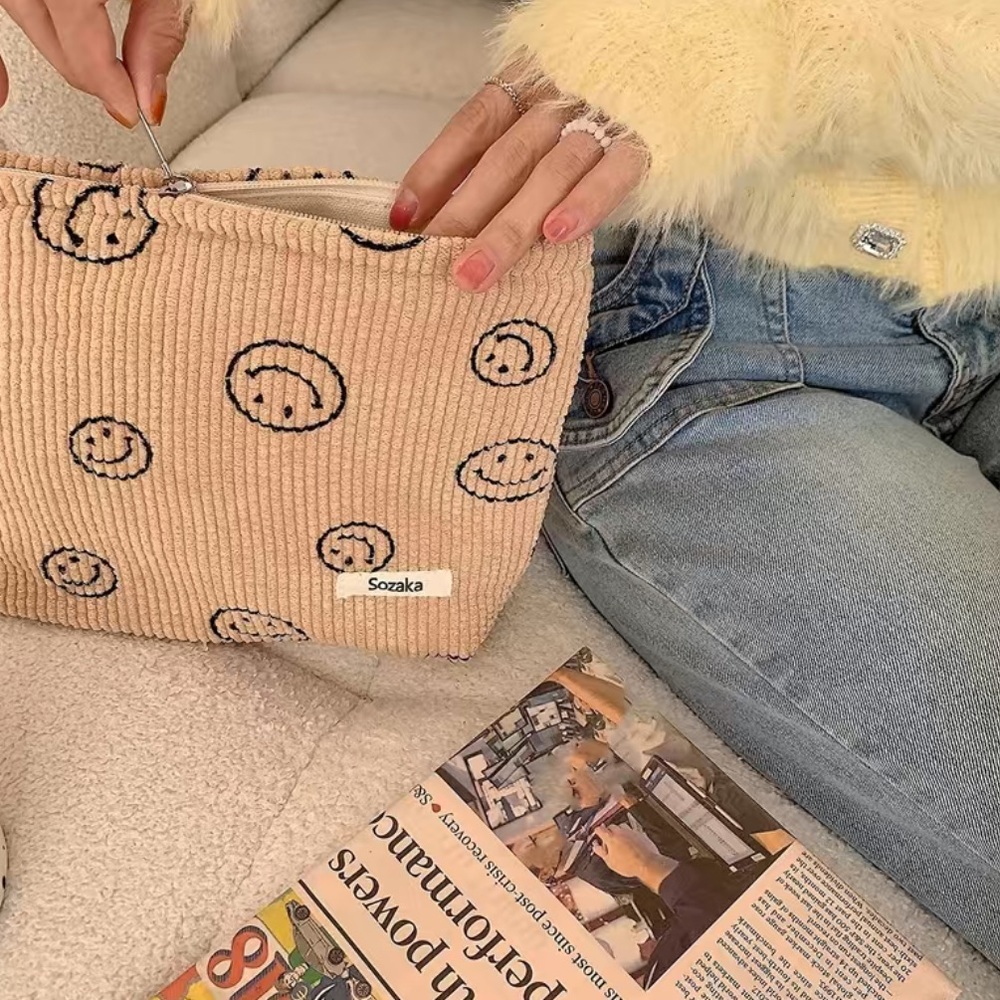 🆕 😀 Large Smiley Corduroy Cosmetic Bag, New in Package